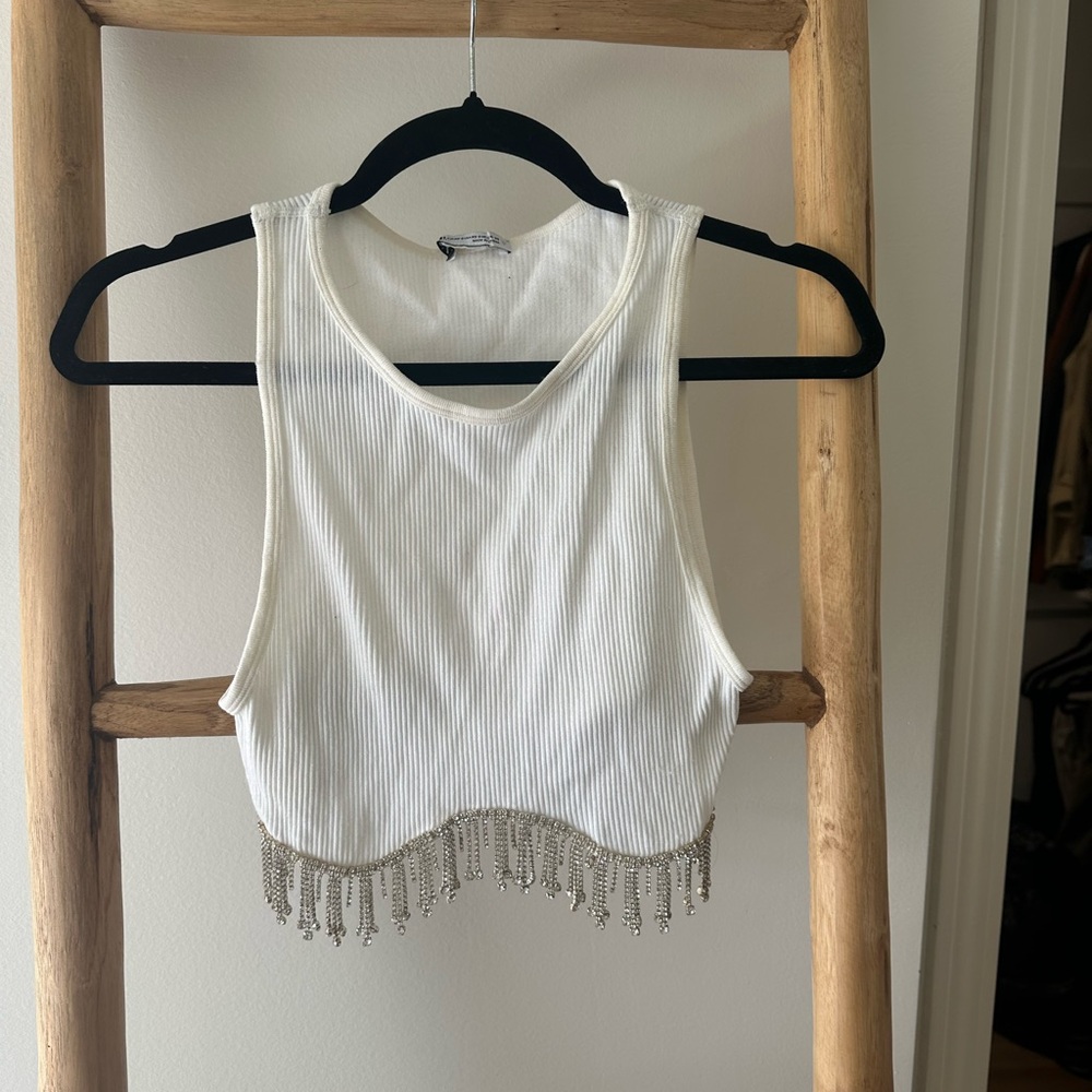 Zara White Sleeveless Top with Fringe Detail